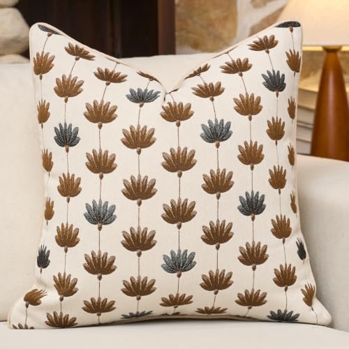 Throw Pillow Cover 18x18, Beige Floral Soft Decorative Pillow Cover | Farmhouse Home Decor, Neutral Jacquard Patterned, Chenille Square Throw Pillow Cover, Accent Cushion Cover, Adding Texture - color: Beige Floral, size: 18" x 18" (Pack of 1)