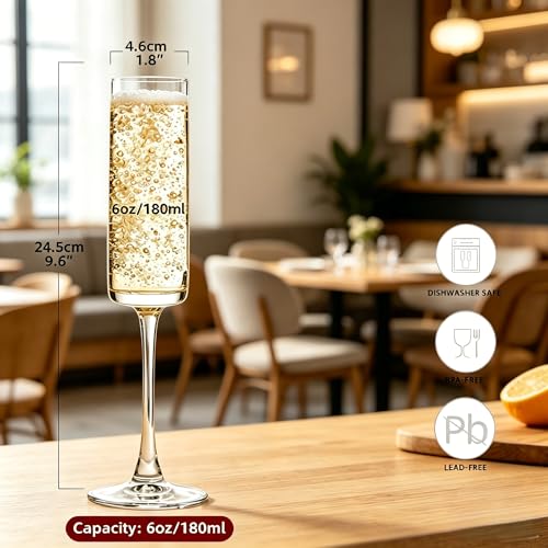Set of 12 Champagne Flutes, 6 Oz Long Stem Clear Champagne Flute Glass Set, Sparkling Wine Tasting Glass for Parties Wedding Birthday Christmas