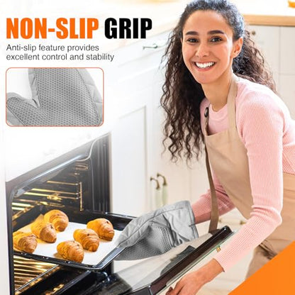 Silicone Oven Mitts, Heat Resistant 2PCS Oven Mitts with Soft Cotton Lining, Waterproof Non-Slip Grip Oven Glove, Kitchen Potholder Mits for BBQ, Baking, Cooking, 10.5Inch - Dark Grey - color: Dark Grey