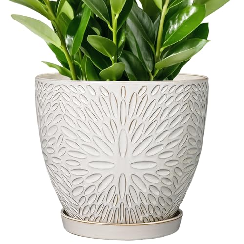 G EPGardening 10 Inch Ceramic Planter Pot, White | Drainage Hole and Saucer, Large Plant Pot, Indoor Plants Outdoor, Round Flower Pot, For Home Garden Office - size: 10 Inch