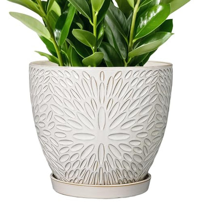 G EPGardening 10 Inch Ceramic Planter Pot, White | Drainage Hole and Saucer, Large Plant Pot, Indoor Plants Outdoor, Round Flower Pot, For Home Garden Office - size: 10 Inch
