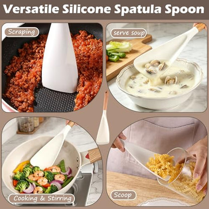 Cooking Spoon for Nonstick Cookwares, Multifunction Spatula Spoon, Great for Both Cooking and Serving, Wood Handle Spoon for Stirring, Mixing, Serving (2, WHITE) - color: White