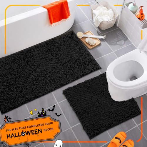 Luxury Black Bathroom Rugs - 2-Piece Set, Soft Plush Anti-Slip Bath Rug + U-Shaped Toilet Mat. Microfiber Shaggy Carpet, Super Absorbent - 36'' x 24'' + 24'' x 20'', Black - color: Black, size: 2 Piece Set - Large