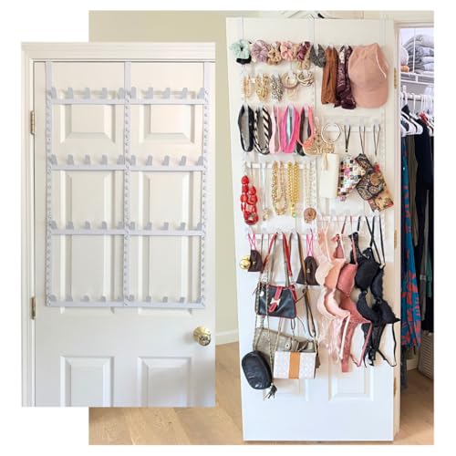 Evelots Rack for Purses, Belts, Jewelry, Ties, Hats - New Over the Door Organizer - Adjustable 8 Tier - 40 Hooks for Multi Uses - Easy Assembly - No Tools Needed - White Coated Sturdy Metal - size: 1 Pack, style: 8-Tier Over-The-Door