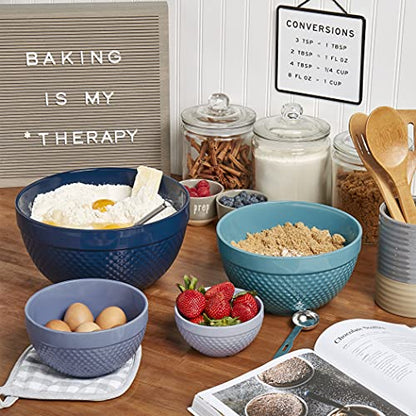 Tabletops Gallery Hobnail Style 4 Piece Blue Storm Stoneware Nesting Mixing Bowl Set for Baking and Cooking - color: BLUE STORM