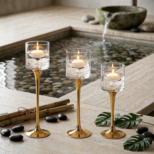 Royal Imports Glass Candleholder Flower Vase Set of 3, Gold | Floating & Pillar Candle Centerpiece Display, Decorative Hurricane on Pedestal for Home or Wedding