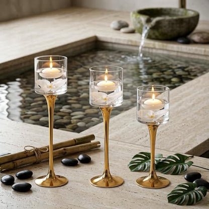 Royal Imports Glass Candleholder Flower Vase Set of 3, Gold | Floating & Pillar Candle Centerpiece Display, Decorative Hurricane on Pedestal for Home or Wedding