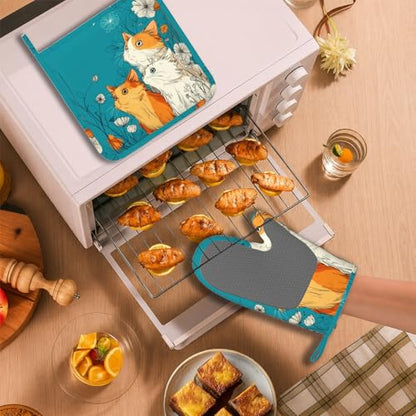 Cute Cat Kitten Oven Mitts and Pot Holders Sets Non-Slip Silicone Surface for BBQ Gloves,Kitchen,Cooking,Baking,Grilling - color: Cute Cat Kitten