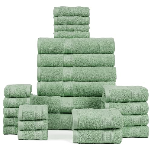 HILLFAIR - 100% Cotton 24 Piece Bath Towels Set for Bathroom- 24 PC Bulk Pack - Quick Dry Absorbent Hotel Spa Towel Set- 2 XXL Oversized Sheets, 4 Bath, 6 Hand, 4 Fingertip Towels, 8 Washcloths: Sage - color: Sage, size: 24 PC Bath Towel Family Set