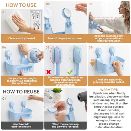 Shower Caddy Suction Cup Set Shower Organizer & Soap Holder, Blue | Toothbrush Holder, Bathroom Shelf Basket NO-Drilling, Removable Shower Storage, Waterproof Bathroom Holder - color: 3 × Blue