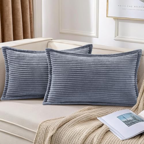 Mecatny Corduroy Decorative Throw Pillow Covers 12x20 Set of 2 Blue Grey | Soft Striped Texture, Broadside Design, Neutral Boho Lumbar Pillow Cases for Sofa Couch Living Room Bedroom, Home Décor - color: Blue Grey, size: 20" x 12" (Pack of 2)