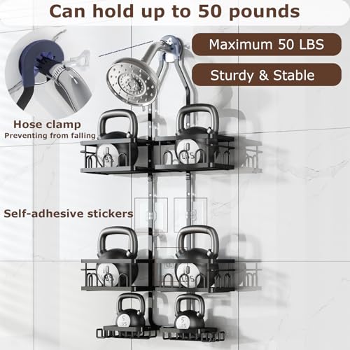 Adjustable Shower Caddy Hanging Rustproof Shower Caddy Shower Organizer for Over Handheld or Fixed Shower Heads with Hooks Soap Holder Toothbrush Holder