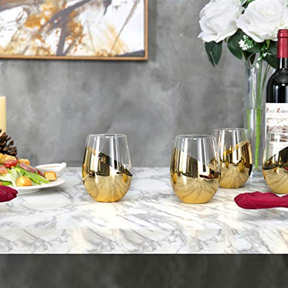 MyGift Luxury Stemless Wine Glasses Gift Set of 4 Modern Brass Accent Barware, Elegant Red Wine Glasses for Anniversary & Wedding Gifts - color: Brass-4