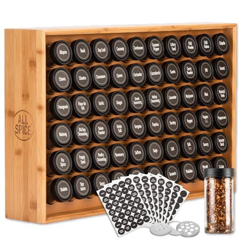 Spice Rack Organizer, Wood, 525 Unique Labels, Countertop or Wall Mount, Includes 60 4oz Jars- Bamboo - color: Bamboo, size: 60 Jar