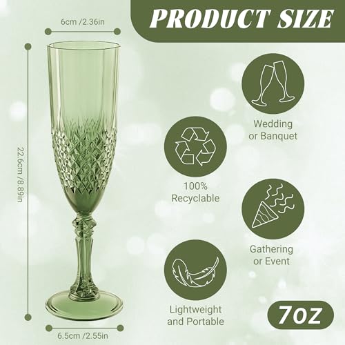 12 Pack Plastic Champagne Flutes, Green Reusable Champagne Glass | Unbreakable Hard Plastic Mimosa Cups Bulk with Stem, Fancy Stemware for Wedding, Party & NYE Celebration - color: Sage Green