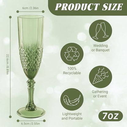12 Pack Plastic Champagne Flutes, Green Reusable Champagne Glass | Unbreakable Hard Plastic Mimosa Cups Bulk with Stem, Fancy Stemware for Wedding, Party & NYE Celebration - color: Sage Green