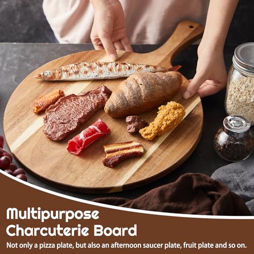 Sliner 6 Pcs Acacia Wood Round Cutting Board Pizza Paddle,12 X 16 Inch | 0.6" Thick Wood Boards with Handle, Charcuterie Serving for Cheese Meat Fruit Party, Chopping Paddle Kitchen Bulk Gift - size: 12 x 16 Inch