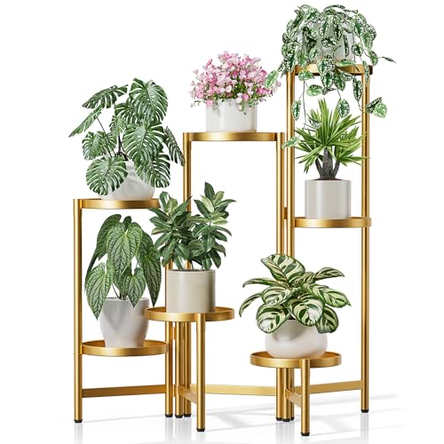 Patio Plant Stand, 7 Tiered Plant Stand Indoor for Multiple Large Planter, Tall Heavy Duty Adjustable Folding Rack with Rustproof 7.9 Inch Wide Tray, Folding Plant Shelf for Corner - GoldDisk - color: GoldDisk, size: 7-tiers