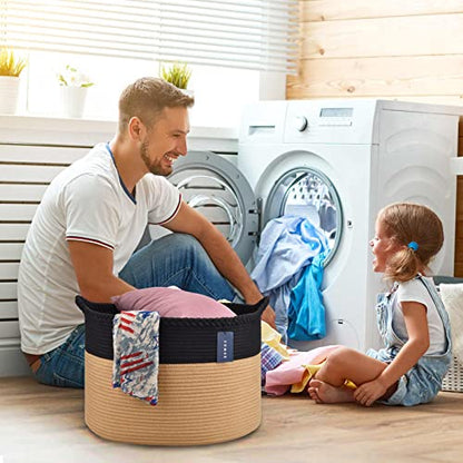 COMSE XXXLarge Woven Blanket & Laundry Basket, 87L, Black & Camel | 21.7" x 13.8", Cotton Rope, Nursery Hamper for Storage of Toys Clothes Towels, Ideal for Living Room Bedroom Bathroom - color: Black & Camel