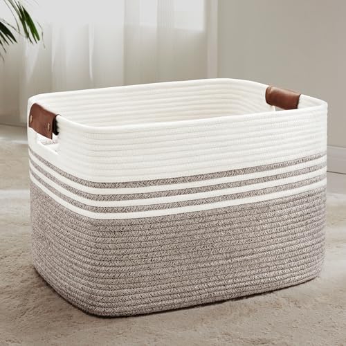 86L Woven Laundry Basket Hamper with Leather Handles,Dark Brown | collapsible wicker hamper, storage for dirty clothes, toys, blankets, gifts, living room, bedroom, bathroom, 24"x16"x14" - color: Dark Brown, size: 86L