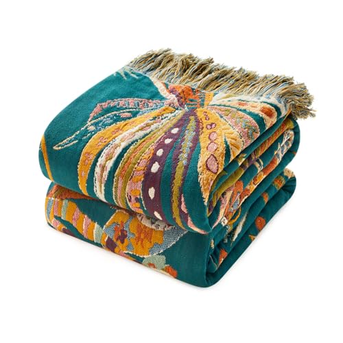 Boho Throw Blanket 50"x60" - Soft Cotton Lightweight for Couch Adult | 100% Cotton Breathable, Reversible Floral Embroidery Blankets, Sofa Bed Chair Patio, Summer Muslin, Home Decor with Tassels - color: 22-green, size: (50"x60")Throw
