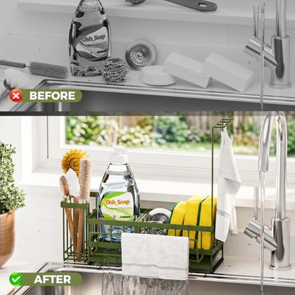 Kitchen Sink Organizer, Stainless Steel Sponge Holder, Green | Rust-Resistant Steel, Detachable Draining Board, Compartment Divider, Brush Holder & Towel Bar, Ideal for Kitchen Storage - color: Green