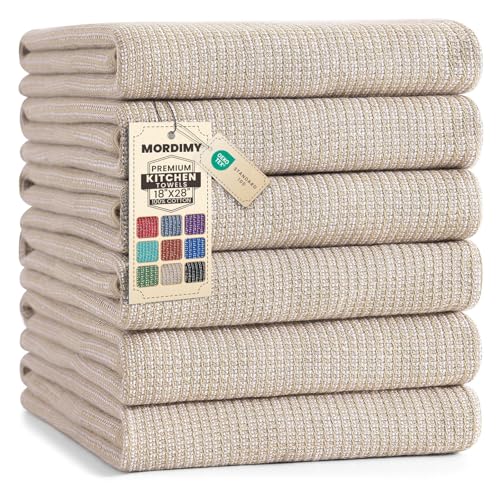Mordimy Premium Large Cotton Kitchen Towels (18"x 28", 6 Pack), Khaki | 100% Ring Spun Cotton, Super Absorbent, 380 GSM, Flat & Terry, Soft, Hanging Loop Dish Towels - color: Khaki, size: 18"x28" - 6 Pack
