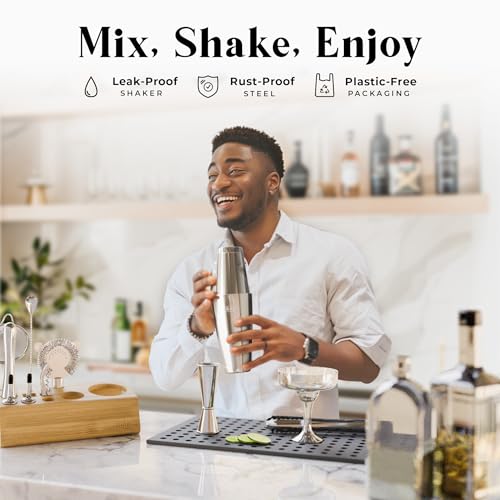 BARE BARREL® Mixology Bartender Kit Bar Set | 14-Piece Cocktail Shaker Set | Martini Barware Mixing Tools for Home Bartending | Incl. 35 Recipe Cards | Gift Set (28oz Boston Shaker, Silver/Natural) - color: Silver/Natural