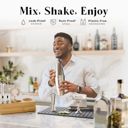 BARE BARREL® Mixology Bartender Kit Bar Set | 14-Piece Cocktail Shaker Set | Martini Barware Mixing Tools for Home Bartending | Incl. 35 Recipe Cards | Gift Set (28oz Boston Shaker, Silver/Natural) - color: Silver/Natural