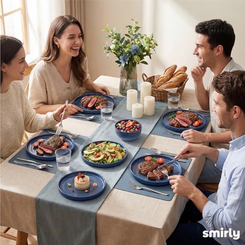 SMIRLY Stoneware Dinnerware Set for 4, 12 pcs Plates and Bowls Set, Blue | Chip and Scratch Resistant, Microwave, Dishwasher & Oven Safe, Non Toxic Plates Set, Ceramic Dish Set for Everyday Meal - color: Blue