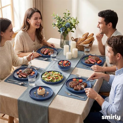 SMIRLY Stoneware Dinnerware Set for 4, 12 pcs Plates and Bowls Set, Blue | Chip and Scratch Resistant, Microwave, Dishwasher & Oven Safe, Non Toxic Plates Set, Ceramic Dish Set for Everyday Meal - color: Blue