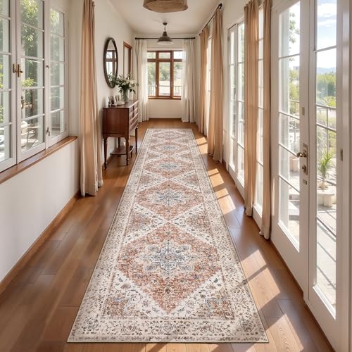 Ciicool 2x12ft Long Non-Slip Back Washable Runner Rugs for Hallways Bedside | Boho Thin Low Pile Soft Vintage Indoor Floor Oriental Throw Carpet for Entrance Bathroom Kitchen Living Room Bedroom Decor - color: Vintage Cream/Brick, size: 2' x 12' (Runner)