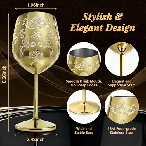 Lifecapido Stainless Steel Wine Glasses Set of 2, 18oz Etched Gold Wine Goblets, Unique Wine Glasses with Intricate Baroque Engravings for Party Wedding Anniversary - color: Gold