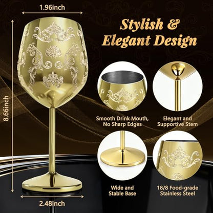 Lifecapido Stainless Steel Wine Glasses Set of 2, 18oz Etched Gold Wine Goblets, Unique Wine Glasses with Intricate Baroque Engravings for Party Wedding Anniversary - color: Gold
