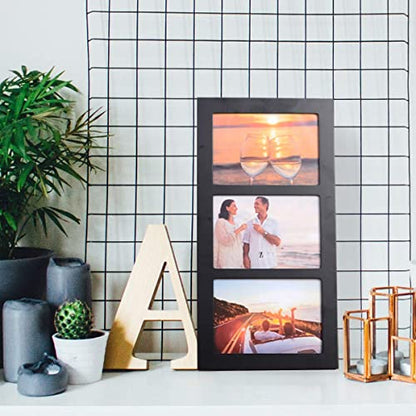 5x7 3-Opening Collage Picture Frame Black Wood | Shatter-resistant glass, tabletop stand & wall mounting, for 5x7 inch pictures - size: 5x7 - 3 Opening