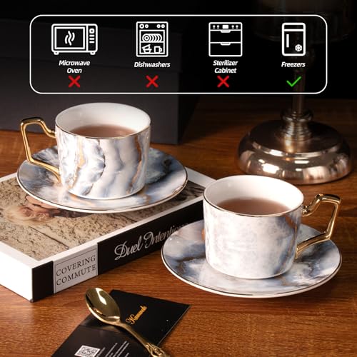 KAMMAK Tea Cups and Saucers Set of 2, Porcelain Coffee Cups, NX023 | Gold Rim, Stackable Espresso Mugs, Ceramic Demitasse for Coffee, Latte, Americano, Afternoon Tea, Elegant Gift for Women - size: 8CZNX023