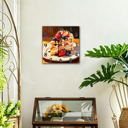 Wooden Square Wall Clock 10 Inch Silent Non-Ticking Dessert & Cake Style Suitable for Cake Shop Kitchen Bedroom Living Room Dining Room - color: C5
