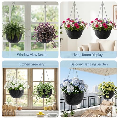 13.8 Inch Self Watering Hanging Planter, 2PCS Round Resin Hanging Basket for Indoor Outdoor Plants, Rattan Look Flower Pot with Drainage Plug, Deep Inner Pot and Sturdy Metal Triple-Chain Hanger - color: Black