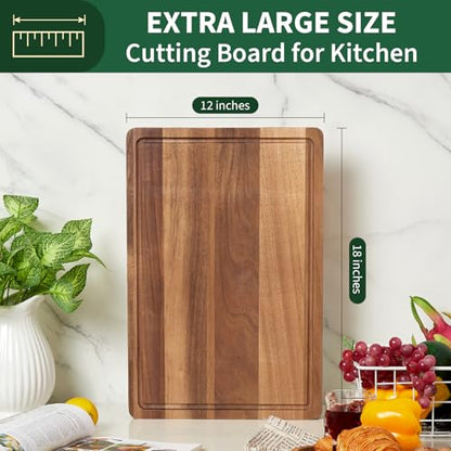 18"x12"Acacia Cutting Board for Kitchen, Wooden Chopping Board with Built-In Juice Grooves, 1" Thick, Side Handle, Butcher Block for Meat/Fruits/Vegetables - size: 18"L x 12"W