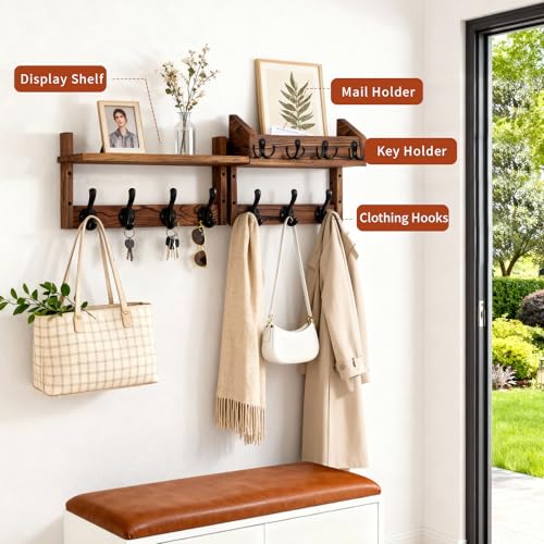 27" Wooden Wall Mounted Coat Rack with Shelf- 4-in-1 Entryway Organizer with 11 Hooks (7 Coat Hooks + 4 Key Hooks), Mail Holder & Display Shelf for Living Room, Bedroom (NOT Come Assembled)
