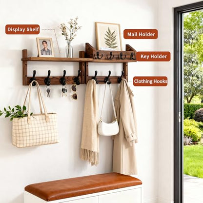 27" Wooden Wall Mounted Coat Rack with Shelf- 4-in-1 Entryway Organizer with 11 Hooks (7 Coat Hooks + 4 Key Hooks), Mail Holder & Display Shelf for Living Room, Bedroom (NOT Come Assembled)