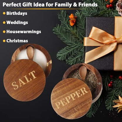 Salt Cellar, Elegant Salt and Pepper Set, 2PCS Acacia Wood Salt Container with Built-in Spoon & Swivel Lid, Engraved SALT & PEPPER Box, Salt Holder for Countertop Seasoning Storage - color: Acacia Wood SALT and PEPPER Set