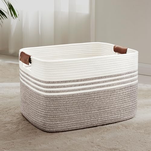72L Woven Laundry Basket Hamper with Leather Handles,Dark Brown | collapsible wicker hamper, storage for dirty clothes, toys, blankets, gifts, living room, bedroom, bathroom, 22"x17"x12" - color: Dark Brown, size: 72L