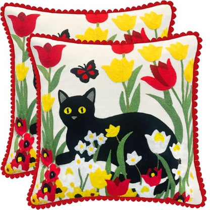 Embroidered Decorative Throw Pillow Covers 18"x 18" Set of 2 ，Couch Square Pillowcases with Zipper for Living Room Couch Sofa Bed Flower Cats Linen Cotton Halloween Throw Pillow Covers