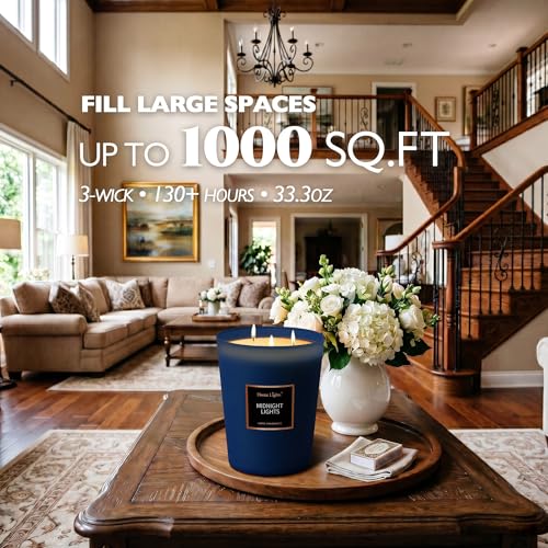 HomeLights Highly Scented Soy Candles Big 33.3 oz for Home. 3 Cotton Wicks, Smokeless Long Lasting 130 hrs in Midnight Lights. 5x6, Great Gift for Women & Men - color: Midnight Lights
