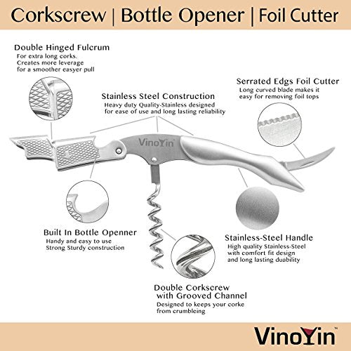 All In One Waiter's Corkscrew Gift Set - Stainless Steel Cool Silver Color - Includes Wine & Beer Bottle Opener and Foil Cutter, with Gift Box by VinoYin