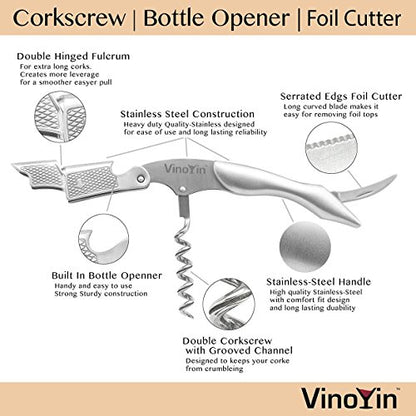 All In One Waiter's Corkscrew Gift Set - Stainless Steel Cool Silver Color - Includes Wine & Beer Bottle Opener and Foil Cutter, with Gift Box by VinoYin