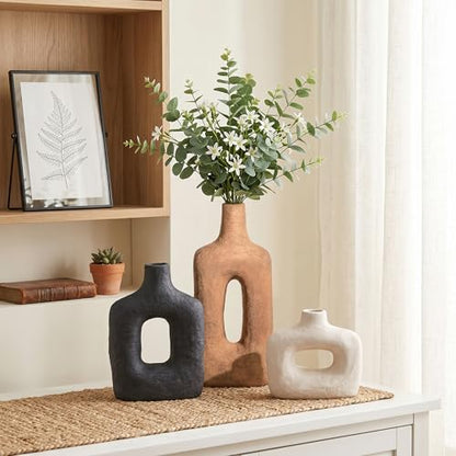 DREAMLOOM Ceramic Vase Set of 3, Black, Rust | Square Cutout, Farmhouse Rustic, Wabi-Sabi, Home Decor, Living Room Bedroom Kitchen Shelf Centerpiece - color: Rust Red Combo - Hollow Design
