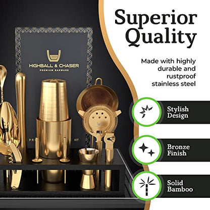 Highball & Chaser Bartender Kit with Black Bamboo Stand Beautiful Cocktail Shaker Set and Bar Tools Stainless Steel Boston Shaker Bartender Kit with Stand (Antique Gold) - color: Antique Gold