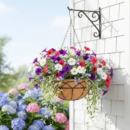 EIMQUVW 4-Pack Outdoor Metal Hanging Baskets 14 Inches Black Round Flower Pot with Coconut Fiber Lining Decorative Wire Hanging Planter Suitable for Patios Gardens and Walls - size: 14 Inch, style: Lotus